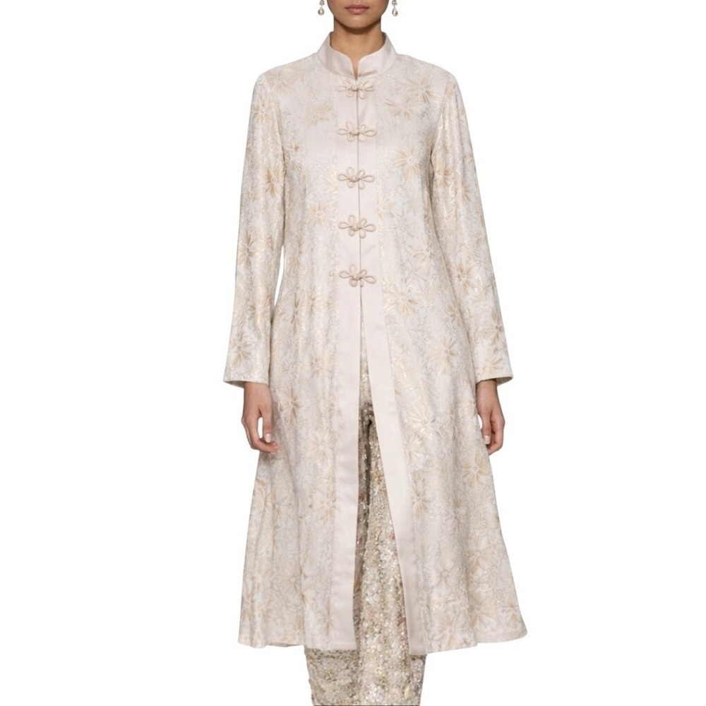 Vintage 80s Eclectic Boho Chic Ivory Brocade Frog Button Long Tang Jacket
